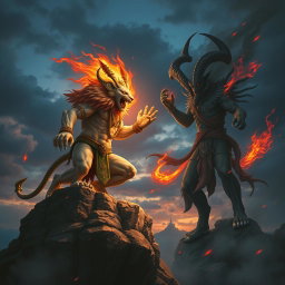 A dynamic and fierce battle scene depicting Narasimha, the fierce lion-man avatar of Vishnu, facing off against Azazel, the demon of chaos