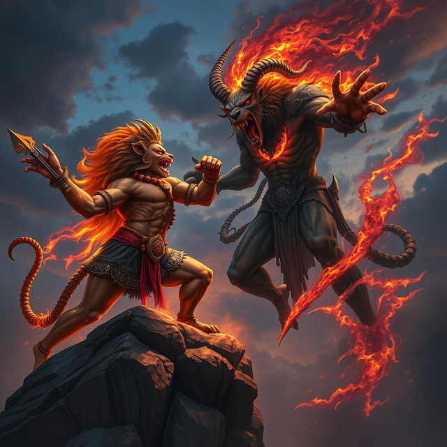 A dynamic and fierce battle scene depicting Narasimha, the fierce lion-man avatar of Vishnu, facing off against Azazel, the demon of chaos