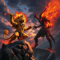 A dynamic and fierce battle scene depicting Narasimha, the fierce lion-man avatar of Vishnu, facing off against Azazel, the demon of chaos