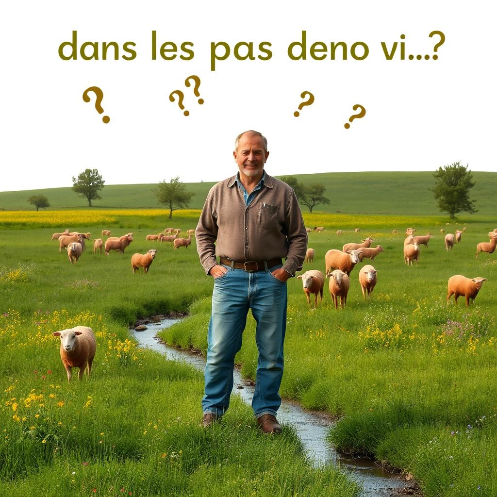 A 55-year-old farmer standing in a flat, lush green pasture filled with a flock of brown sheep