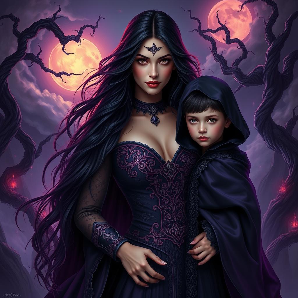 A compelling and mystical scene depicting Lilith as a majestic figure, with long flowing dark hair and intricately designed garments, posing confidently beside the Antichrist, a young boy shrouded in a mysterious dark aura
