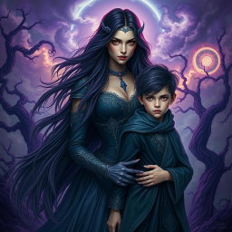 A compelling and mystical scene depicting Lilith as a majestic figure, with long flowing dark hair and intricately designed garments, posing confidently beside the Antichrist, a young boy shrouded in a mysterious dark aura