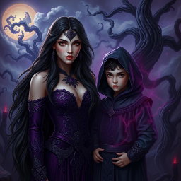 A compelling and mystical scene depicting Lilith as a majestic figure, with long flowing dark hair and intricately designed garments, posing confidently beside the Antichrist, a young boy shrouded in a mysterious dark aura