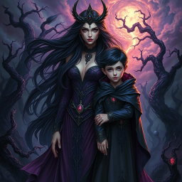 A compelling and mystical scene depicting Lilith as a majestic figure, with long flowing dark hair and intricately designed garments, posing confidently beside the Antichrist, a young boy shrouded in a mysterious dark aura