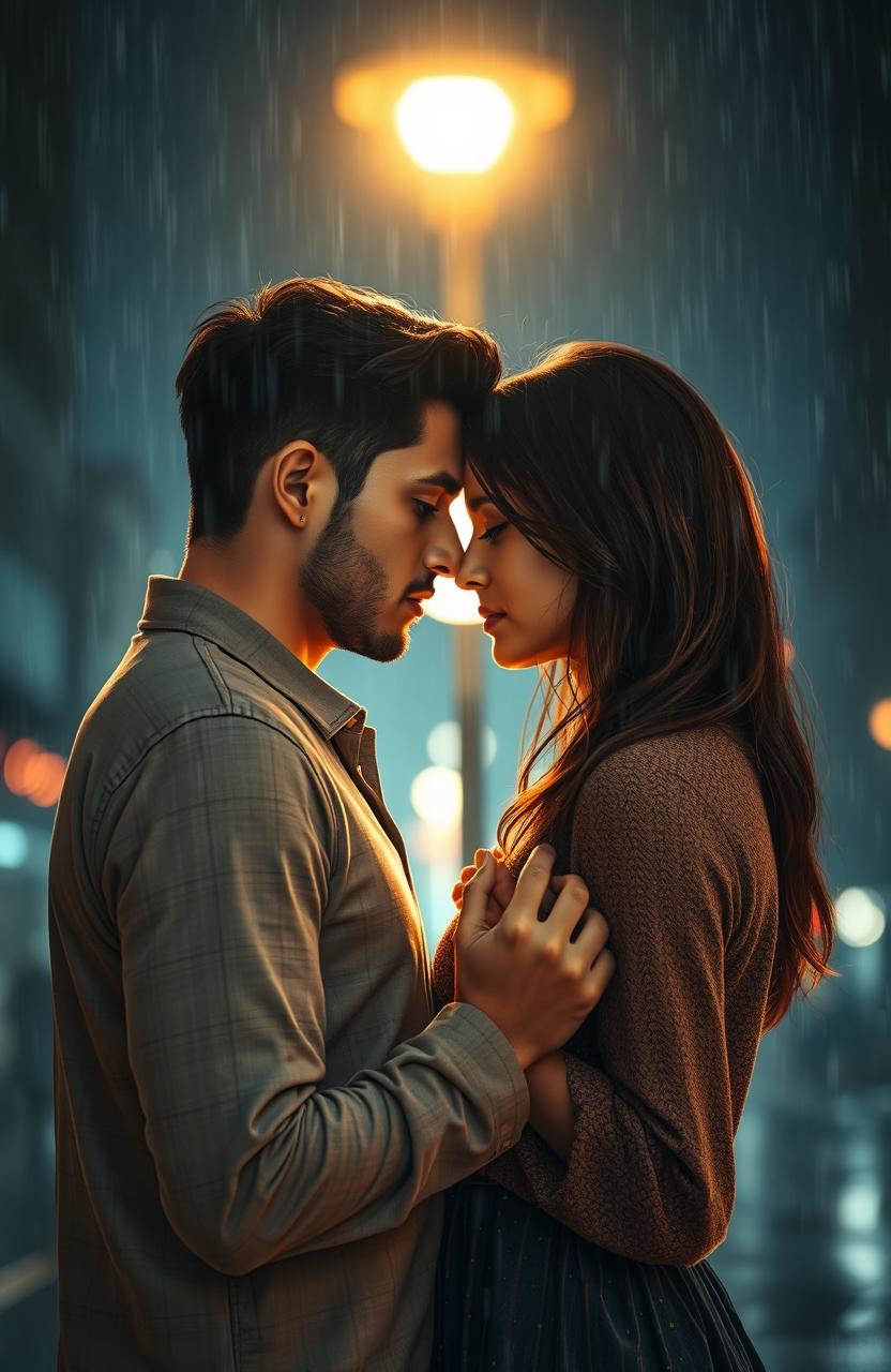 A heartfelt scene depicting the theme of love and suffering, featuring a couple in an emotional embrace under a rain-soaked streetlight at night