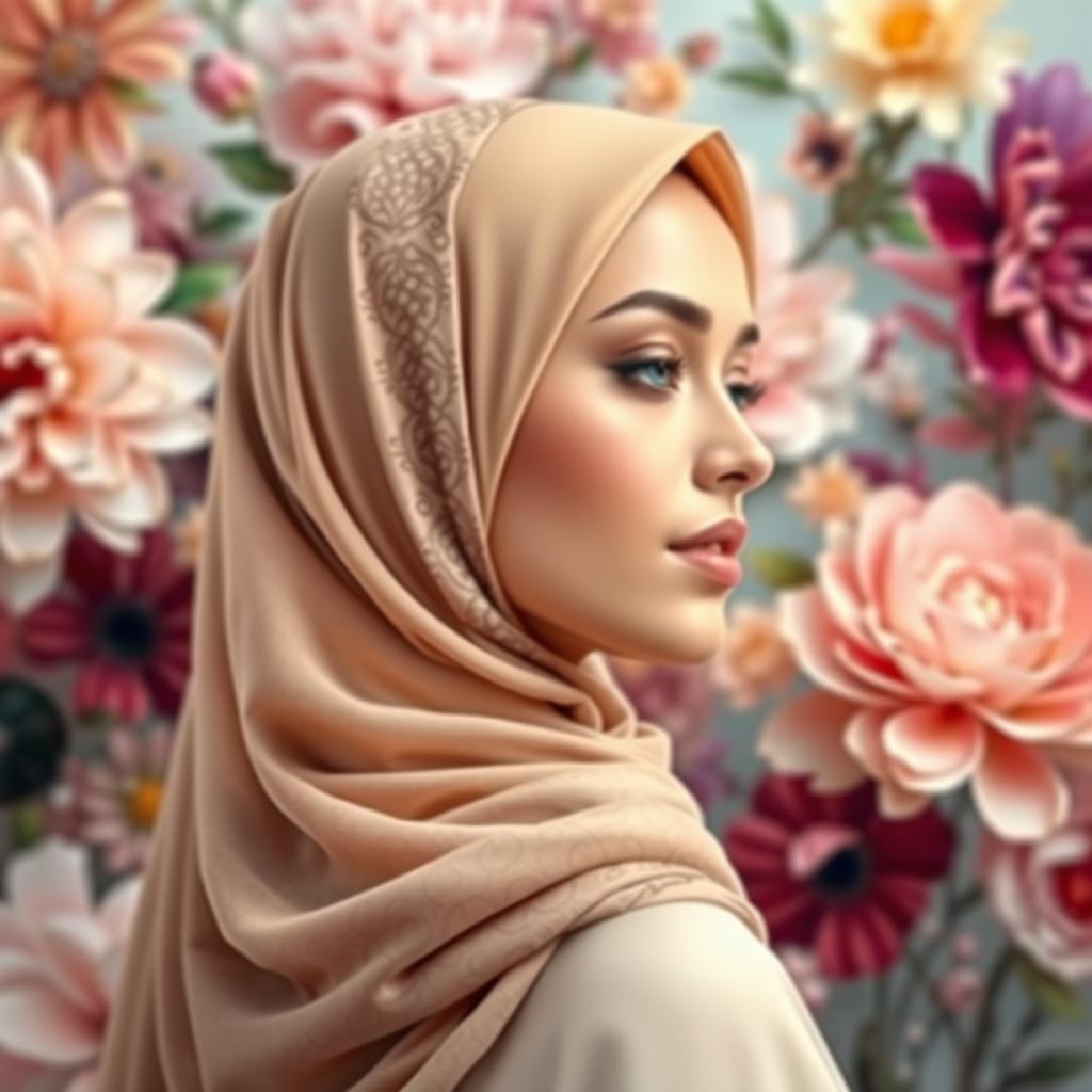 A beautiful woman wearing a hijab, depicted in profile with graceful elegance