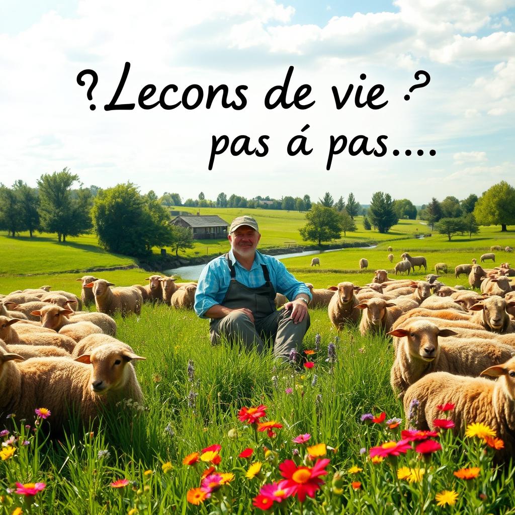 A 55-year-old farmer sitting comfortably among a flock of brown sheep in a flat, green pasture