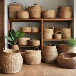 In the teak wood furniture storage room, add several beautiful baskets made from water hyacinth and seagrass scattered artfully around the room.