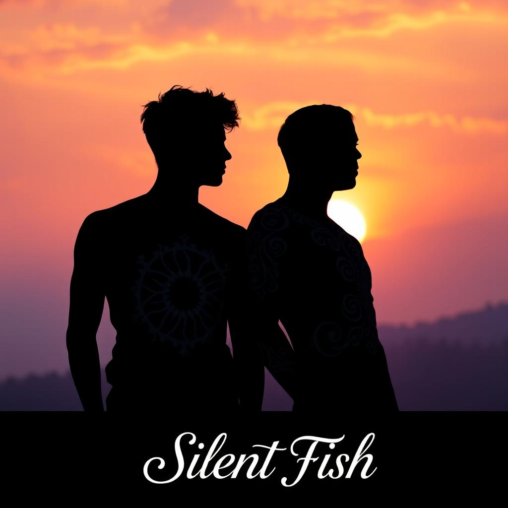 Silhouette of two young men standing alongside each other with intricate designs and patterns, set against the backdrop of a vibrant sunrise
