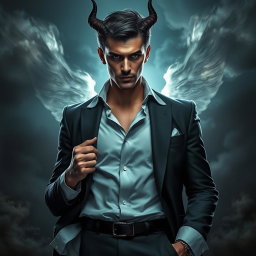 A striking depiction of Lucifer, portrayed as a charismatic and powerful figure, emanating an aura of confidence and charm