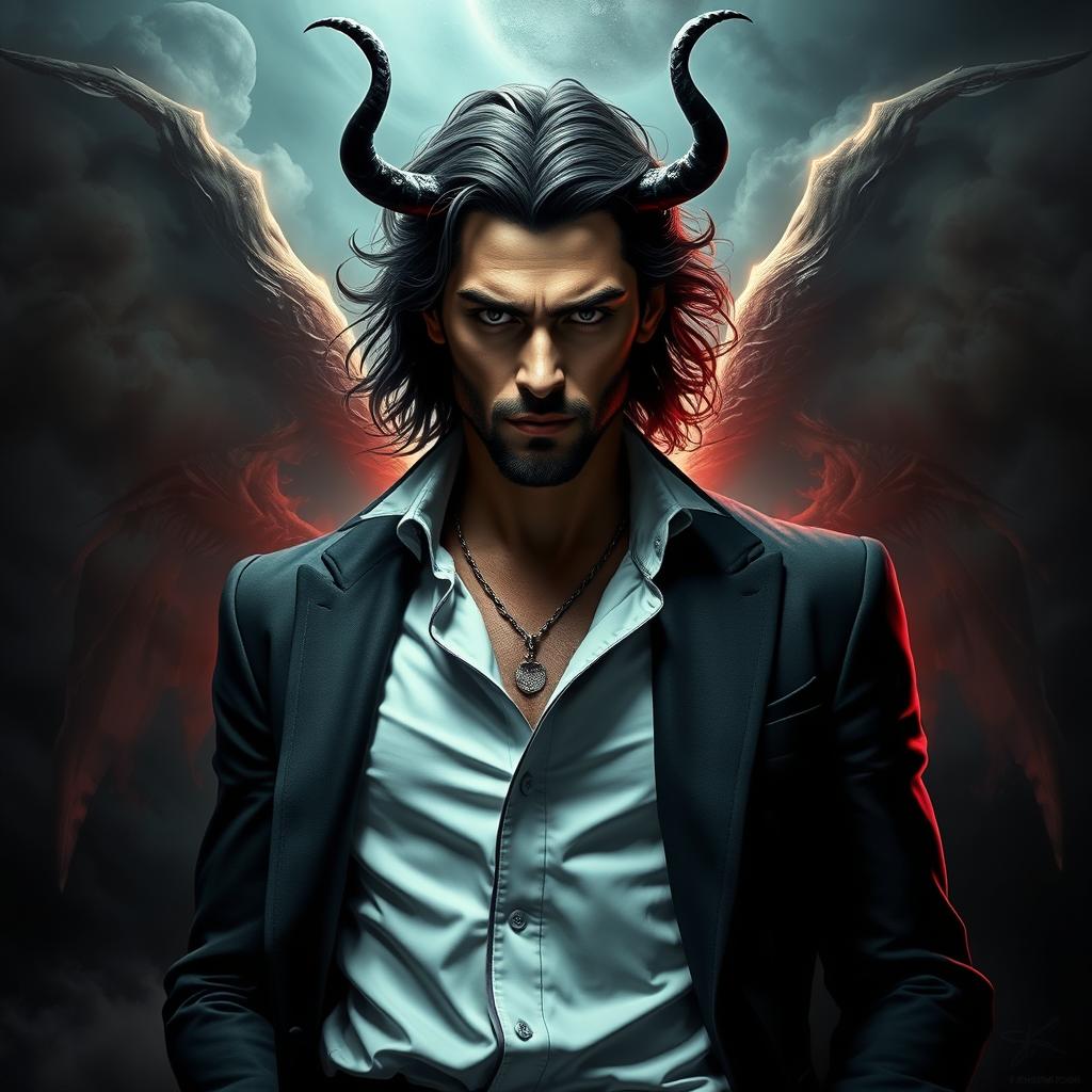 A striking depiction of Lucifer, portrayed as a charismatic and powerful figure, emanating an aura of confidence and charm