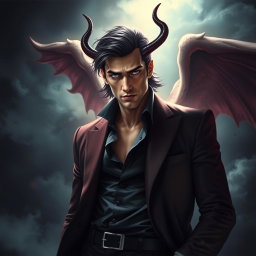 A striking depiction of Lucifer, portrayed as a charismatic and powerful figure, emanating an aura of confidence and charm