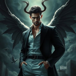 A striking depiction of Lucifer, portrayed as a charismatic and powerful figure, emanating an aura of confidence and charm