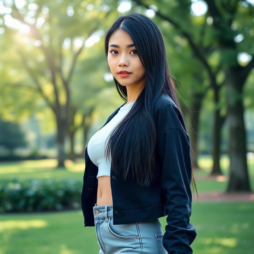 A full-body image of an Asian female with a height of 159 cm and weight of 69 kg, showcasing her natural beauty and confident demeanor