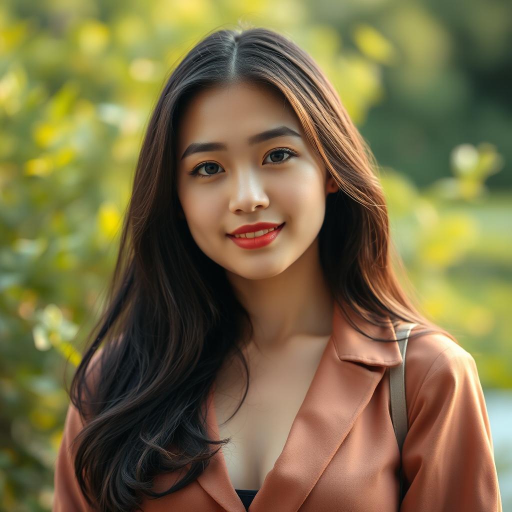 A portrait of an Asian female with a height of 159 cm and a weight of 69 kg