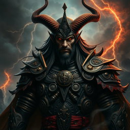 An imposing representation of Satanas, depicted as a powerful and malevolent figure exuding intimidation and authority