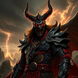 An imposing representation of Satanas, depicted as a powerful and malevolent figure exuding intimidation and authority
