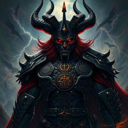 An imposing representation of Satanas, depicted as a powerful and malevolent figure exuding intimidation and authority
