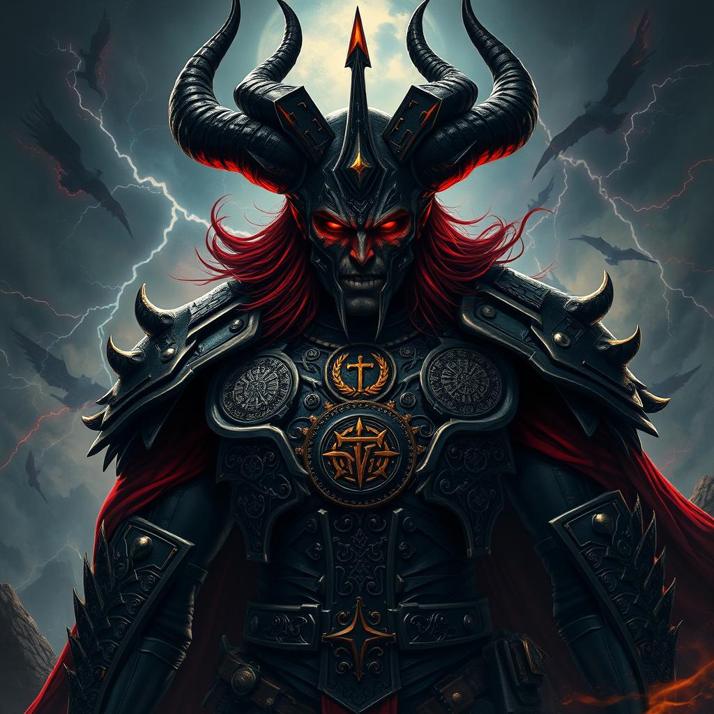 An imposing representation of Satanas, depicted as a powerful and malevolent figure exuding intimidation and authority
