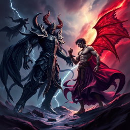 An epic confrontation scene featuring Satanas and Azazel, depicted in a dynamic battle stance against a dramatic and chaotic backdrop