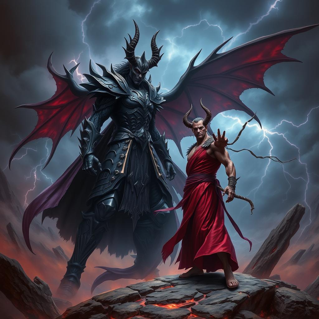 An epic confrontation scene featuring Satanas and Azazel, depicted in a dynamic battle stance against a dramatic and chaotic backdrop