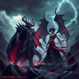 An epic confrontation scene featuring Satanas and Azazel, depicted in a dynamic battle stance against a dramatic and chaotic backdrop