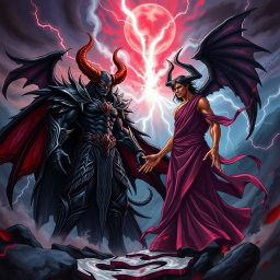 An epic confrontation scene featuring Satanas and Azazel, depicted in a dynamic battle stance against a dramatic and chaotic backdrop
