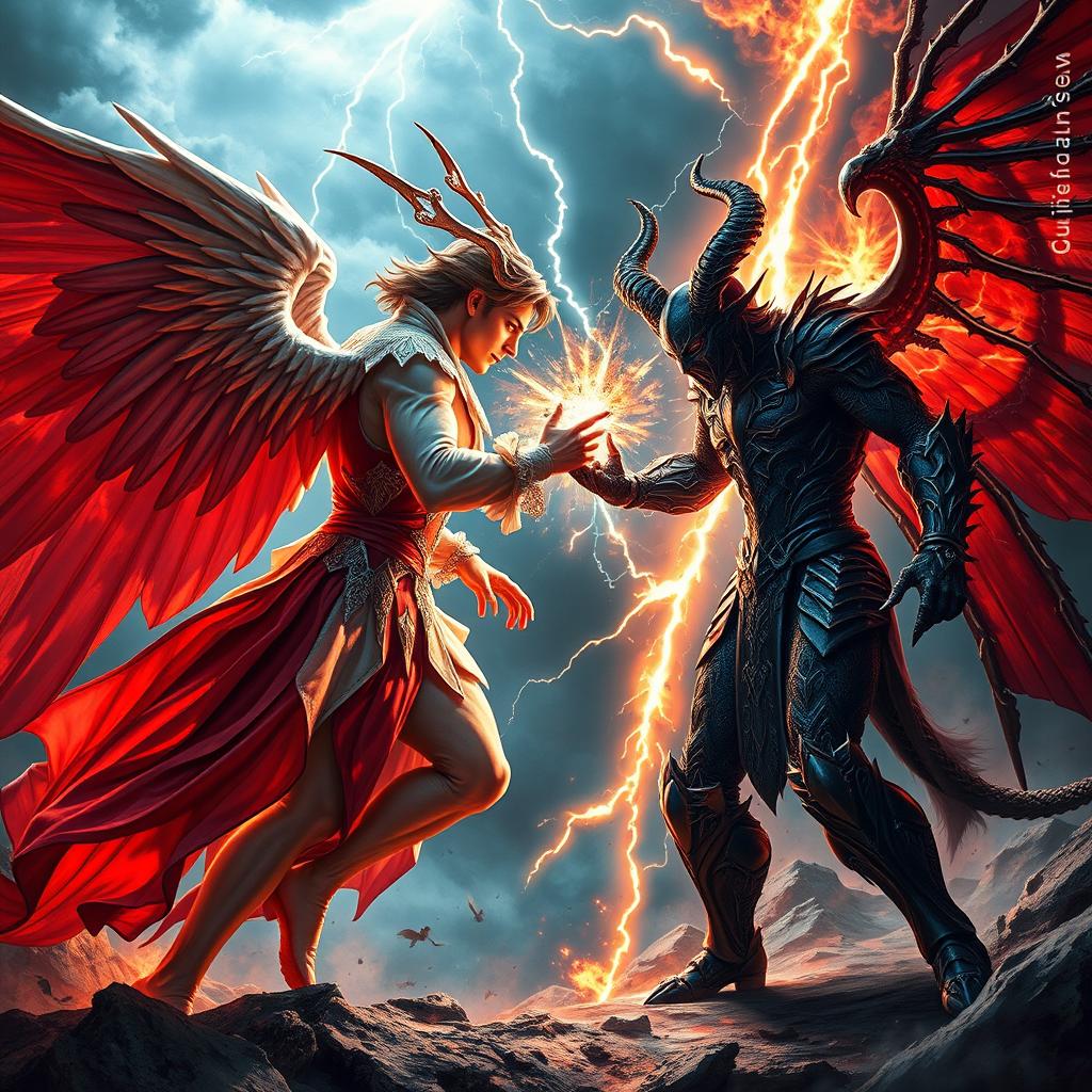 An intense and dramatic confrontation scene featuring Lucifer and Satanas engaged in a fierce battle