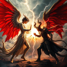 An intense and dramatic confrontation scene featuring Lucifer and Satanas engaged in a fierce battle
