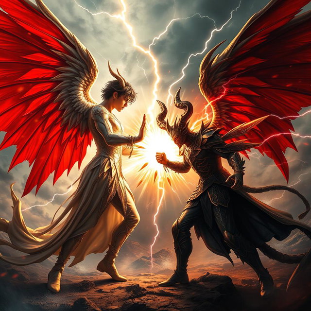 An intense and dramatic confrontation scene featuring Lucifer and Satanas engaged in a fierce battle