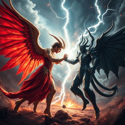 An intense and dramatic confrontation scene featuring Lucifer and Satanas engaged in a fierce battle