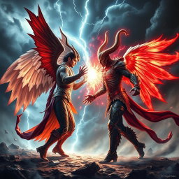 An intense and dramatic confrontation scene featuring Lucifer and Satanas engaged in a fierce battle