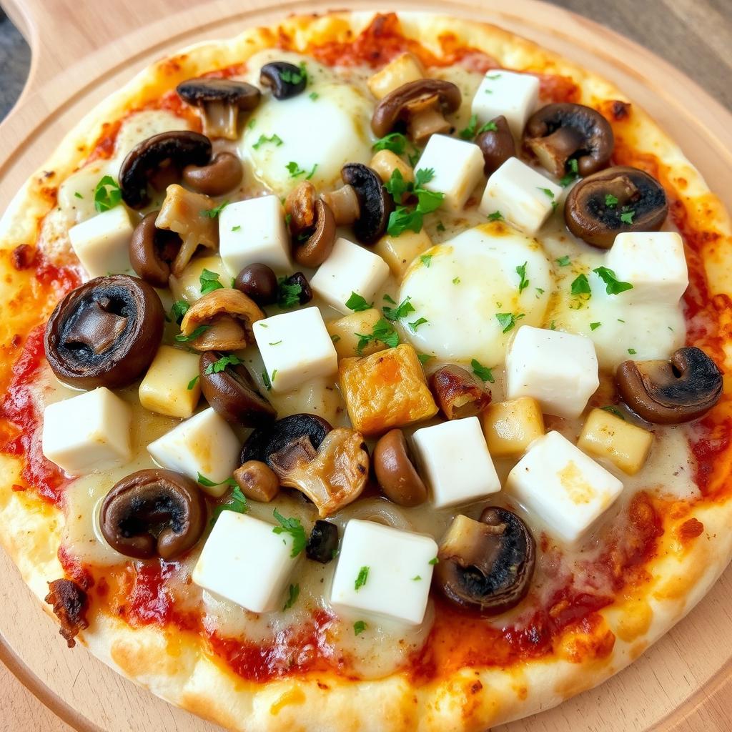 An appetizing pizza featuring a rich and creamy combination of tender mushrooms, crunchy onions, and soft paneer cubes, all generously topped with a thick layer of gooey Mozzarella cheese