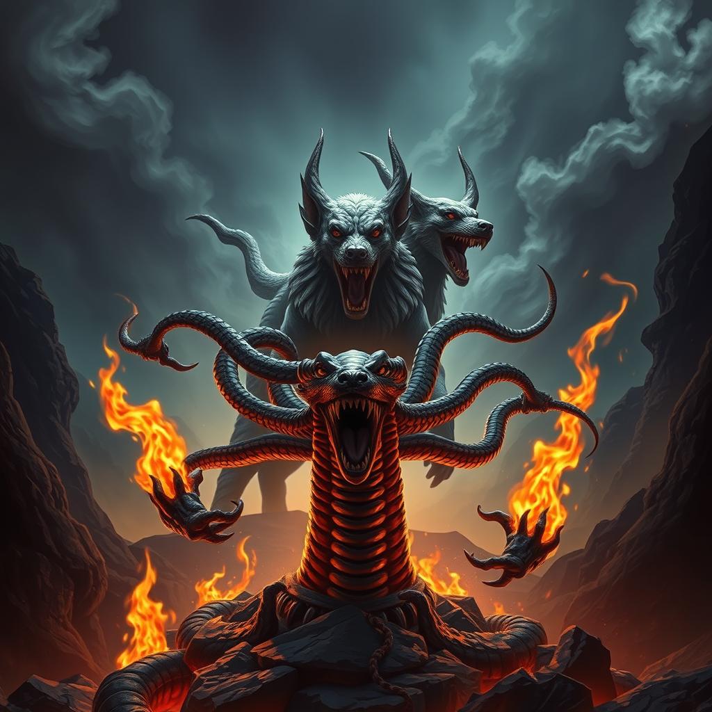 A stunning depiction of Kerberos, the three-headed dog from Greek mythology, standing majestically at the gates of the Underworld, surrounded by swirling, dark mist and shadows