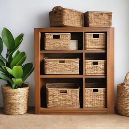 In the teak wood furniture storage room, add several beautiful baskets made from water hyacinth and seagrass scattered artfully around the room.