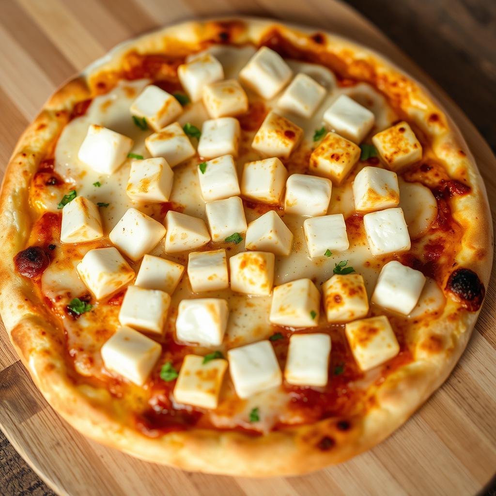A beautifully baked pizza featuring soft and flavorful paneer cubes topped generously with gooey Mozzarella cheese