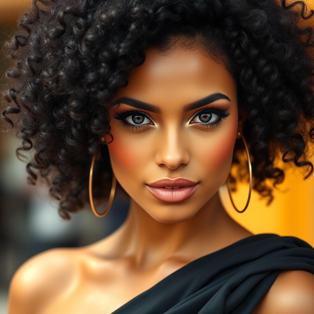 A stunning Venezuelan woman with voluminous black curly hair and expressive hooded eyes, showcasing a confident and captivating expression