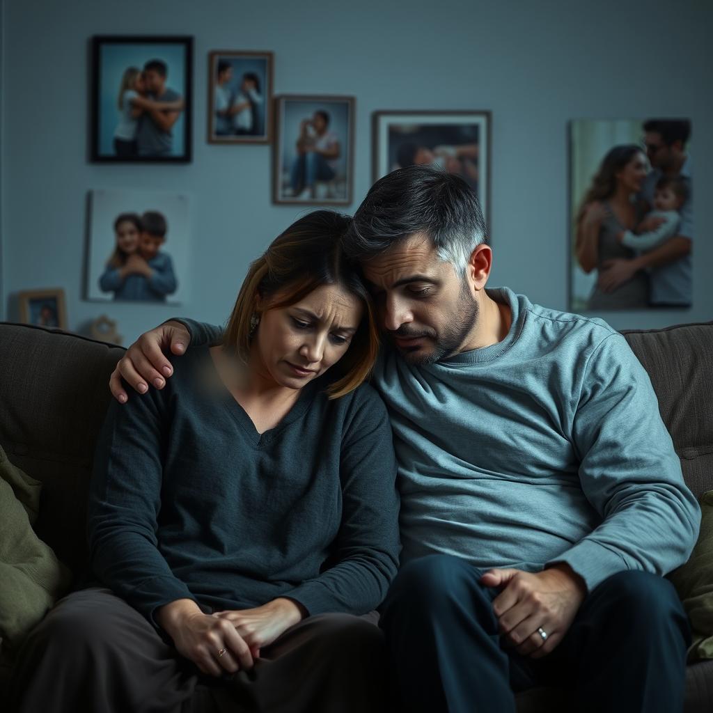 A somber scene depicting a father and mother who feel burdened by the weight of responsibility due to challenges faced by their child