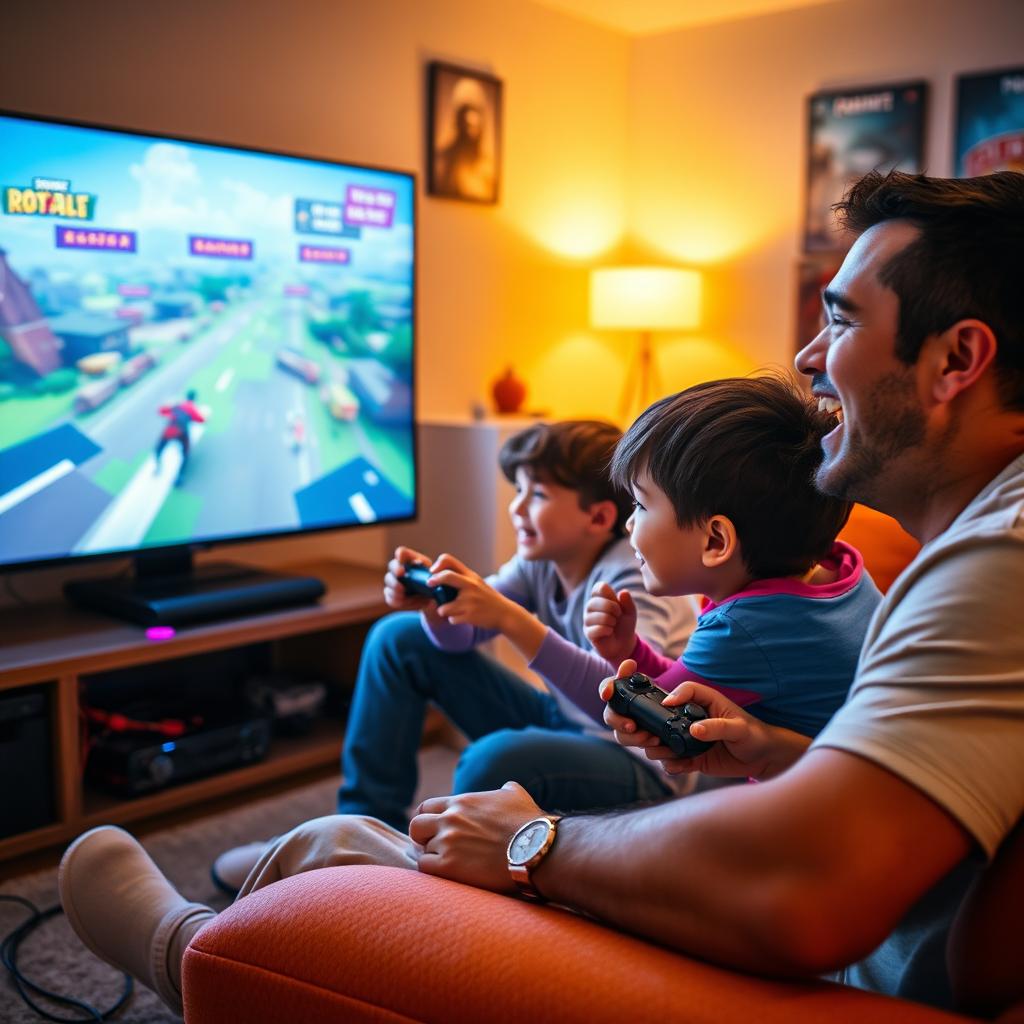 A vibrant scene of a father playing a video game with his children