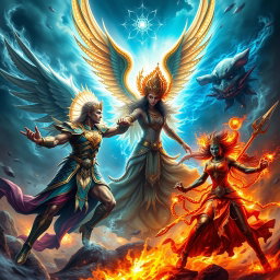 An awe-inspiring scene depicting an epic battle between Lucifer and Mahakali