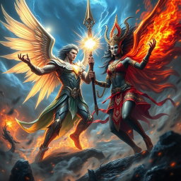 An awe-inspiring scene depicting an epic battle between Lucifer and Mahakali