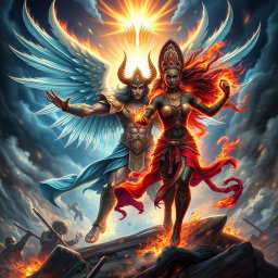 An awe-inspiring scene depicting an epic battle between Lucifer and Mahakali