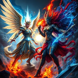 An awe-inspiring scene depicting an epic battle between Lucifer and Mahakali