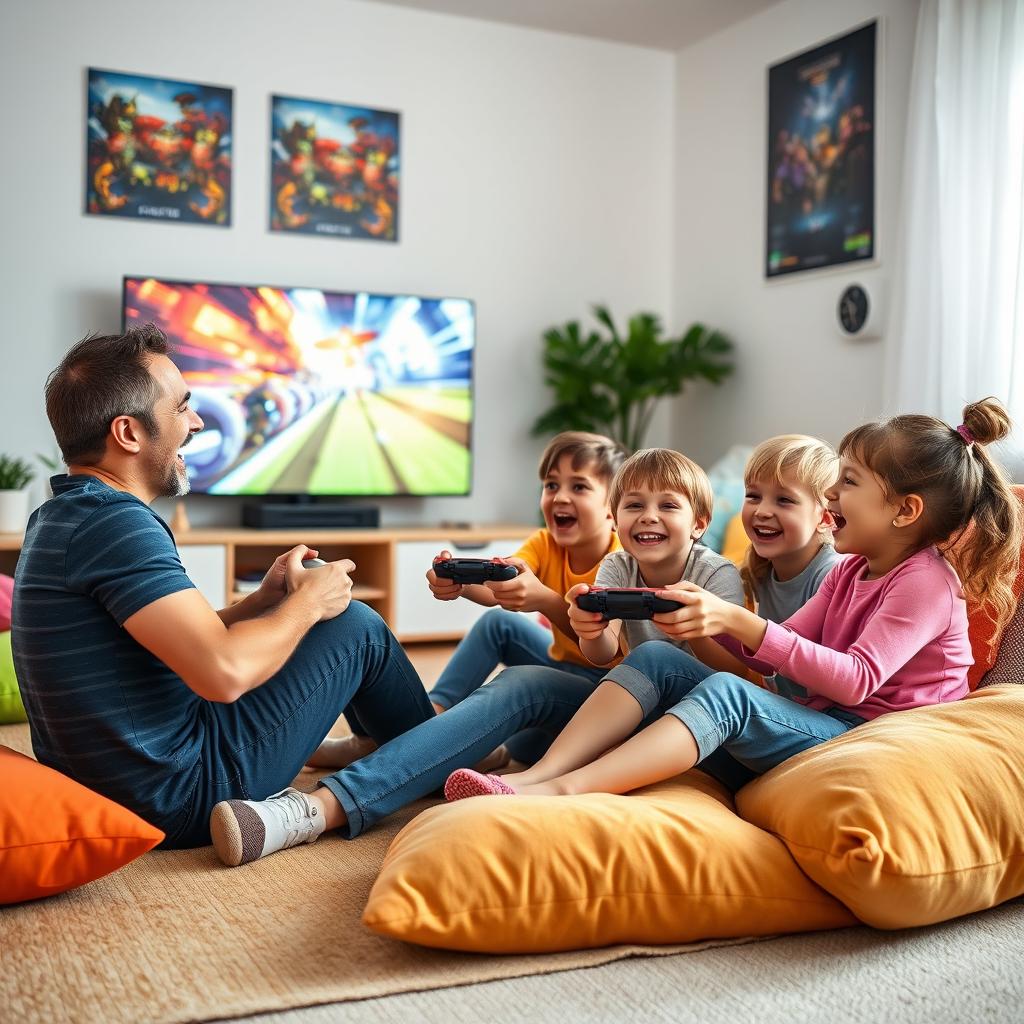 A spirited scene of a father playing video games with his children in a bright, cheerful living room