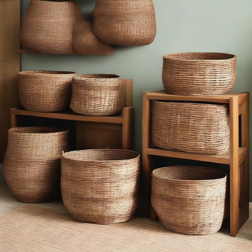 In the teak wood furniture storage room, add several beautiful baskets made from water hyacinth and seagrass scattered artfully around the room.