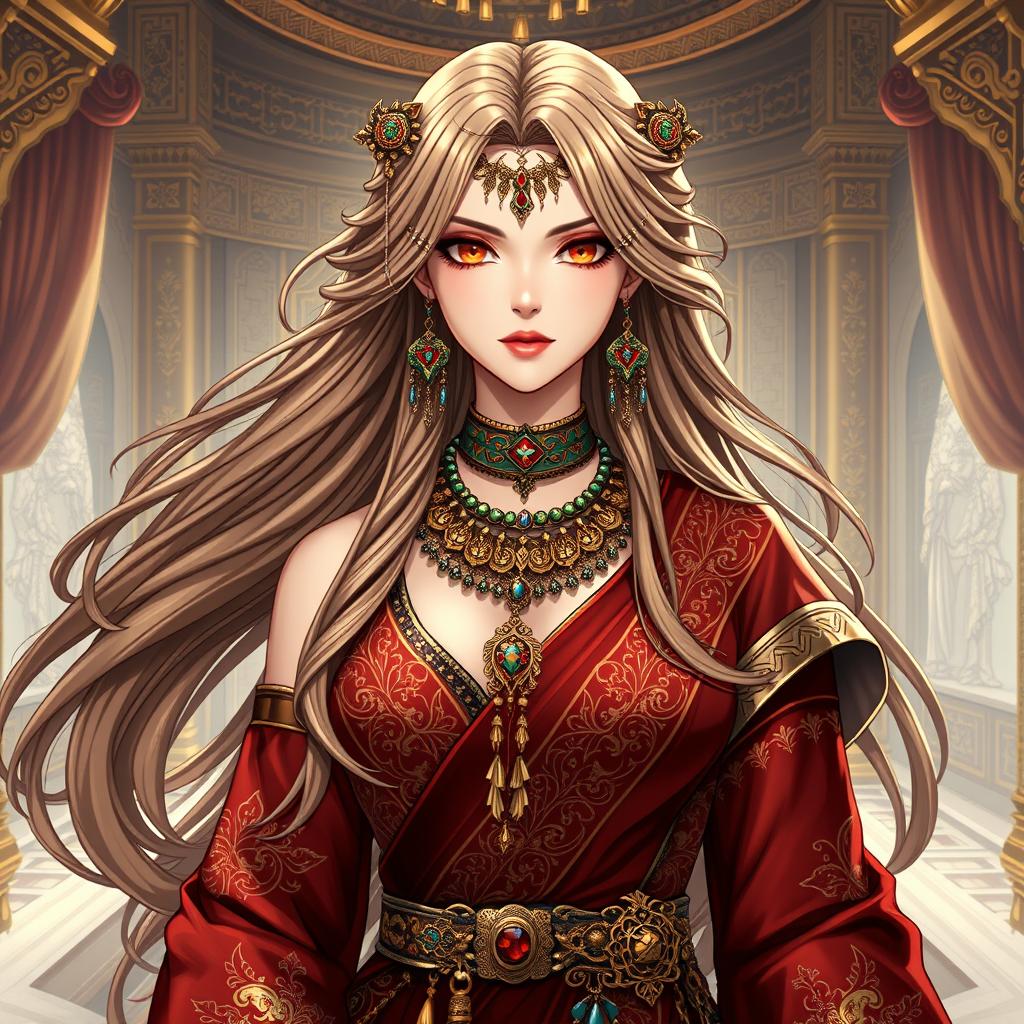 A stunning female character inspired by Mavuika from Genshin Impact, wearing intricate and beautiful ancient Persian clothing