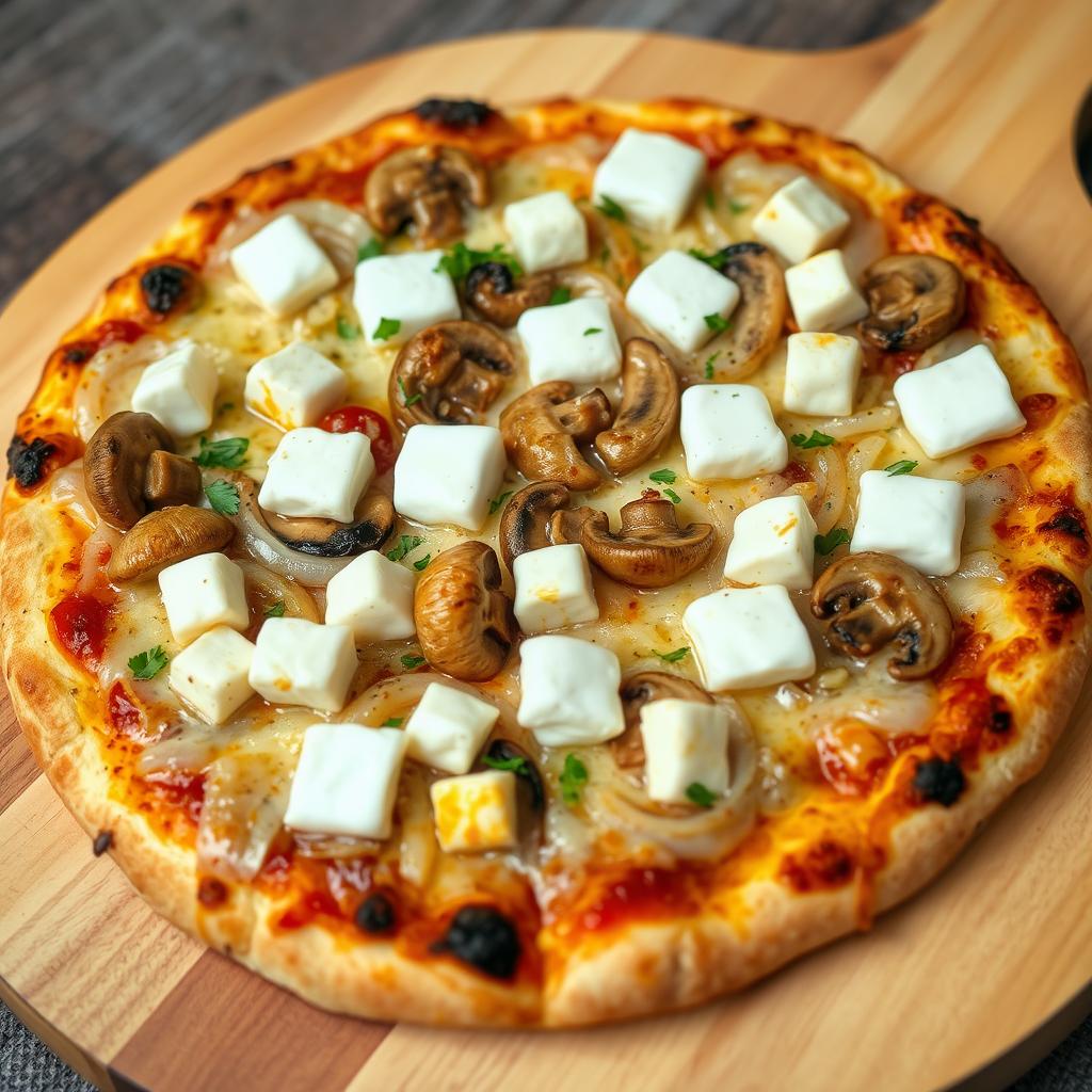 An enticing pizza showcasing a rich and creamy combination of tender mushrooms, crunchy onions, and soft paneer cubes, all generously topped with gooey Mozzarella cheese