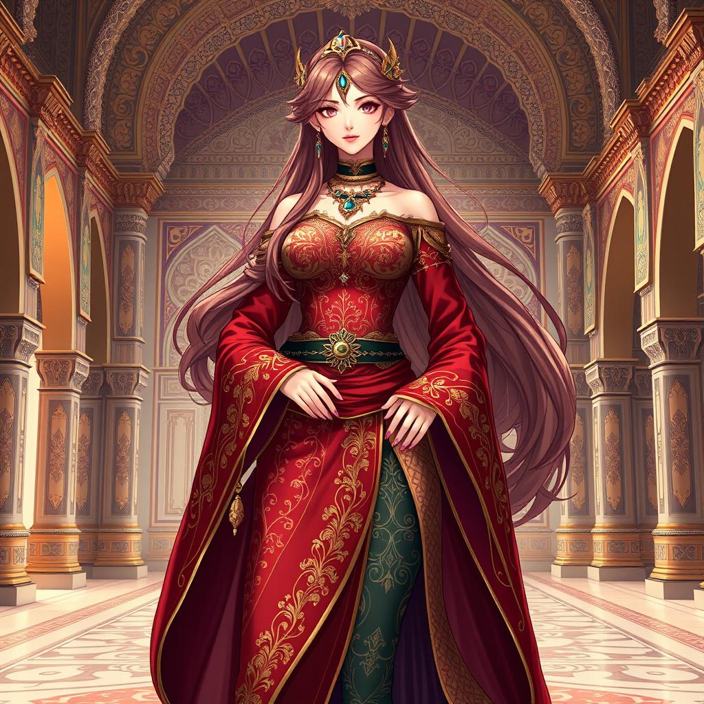 A full-body depiction of a stunning female character inspired by Mavuika from Genshin Impact, elegantly dressed in intricate ancient Persian clothing