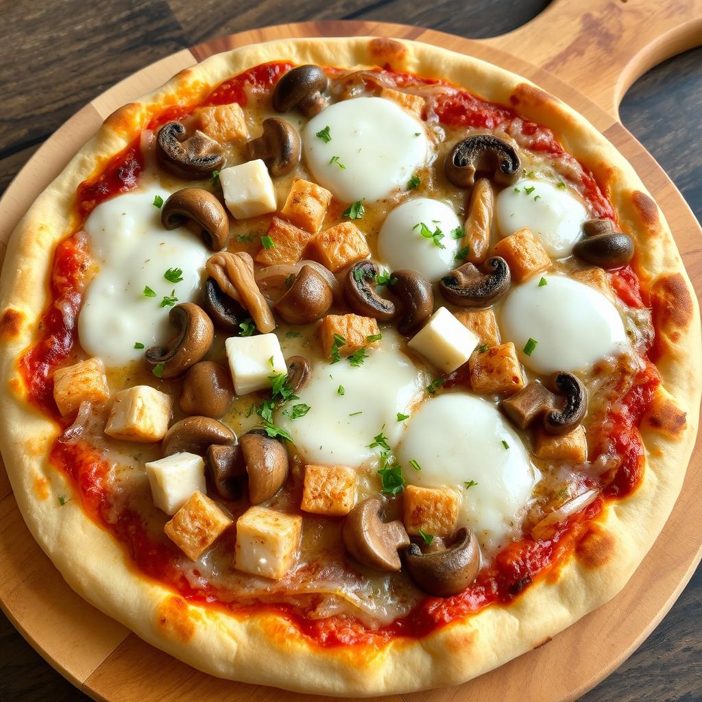 A perfectly baked pizza featuring a rich and creamy combination of tender mushrooms, crunchy onions, and soft paneer cubes, all generously topped with a thick layer of gooey Mozzarella cheese