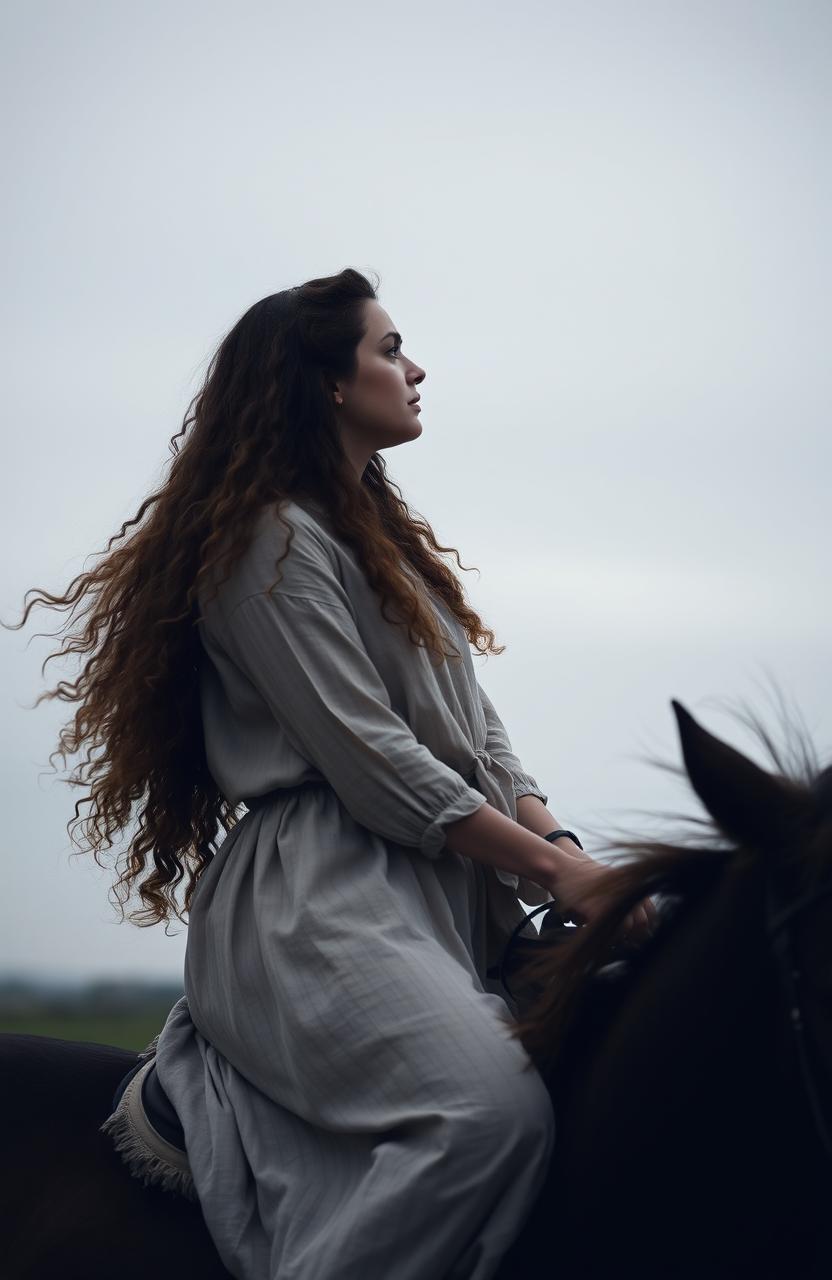 A woman with long, curly hair flowing freely rides a horse, gazing into the distance with a melancholic expression